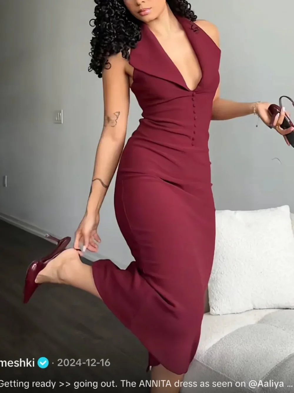 Meshki Annita Crepe Halter Midi Dress XSmall Merlot Wine Cocktail Party